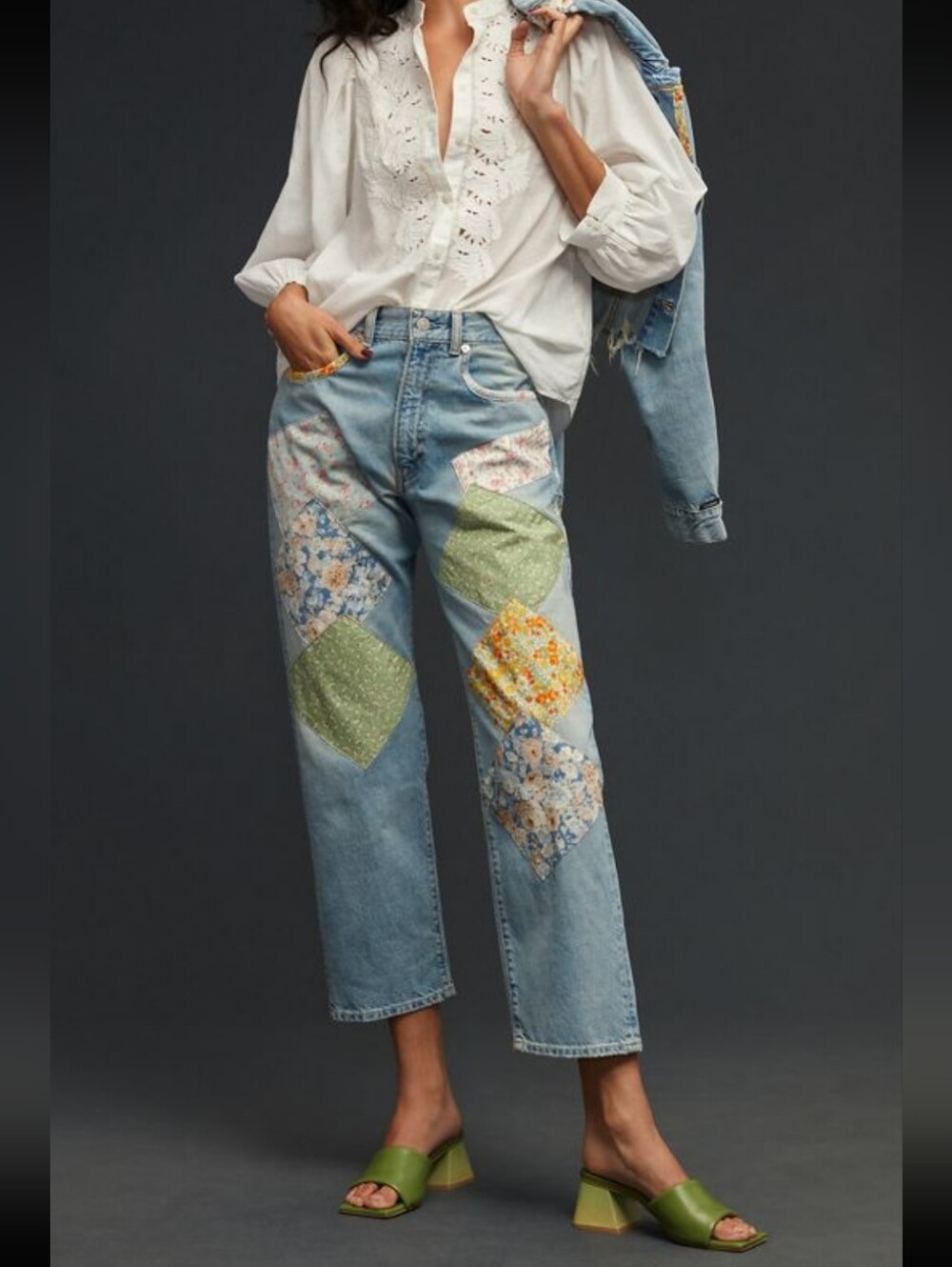 Light Wash Wide-Leg Jeans with Floral Patchwork